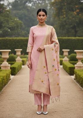 Baby Pink Zari Work Banarasi Silk Dress Material