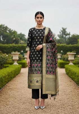 Black Zari Work Banarasi Silk Dress Material