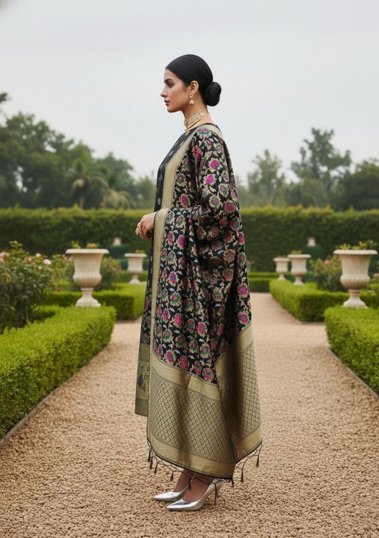 Black Zari Work Banarasi Silk Dress Material - Indya