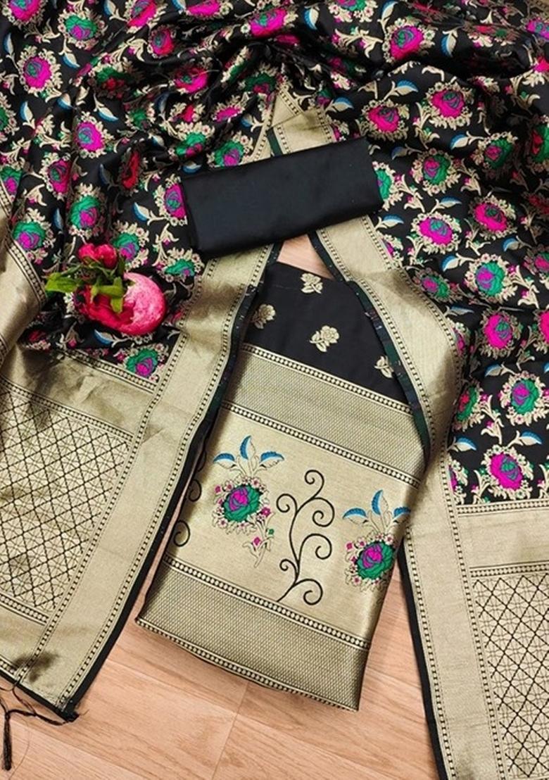 Black Zari Work Banarasi Silk Dress Material - Indya