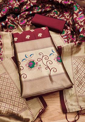 Maroon Zari Work Banarasi Silk Dress Material