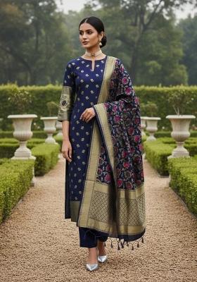 Navy Blue Zari Work Banarasi Silk Dress Material