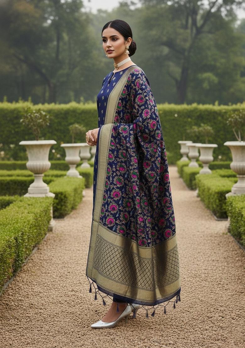 Navy Blue Zari Work Banarasi Silk Dress Material - Indya