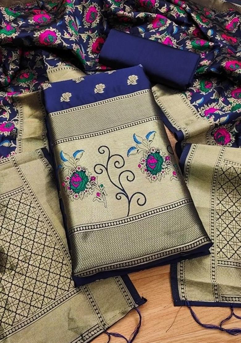 Navy Blue Zari Work Banarasi Silk Dress Material - Indya