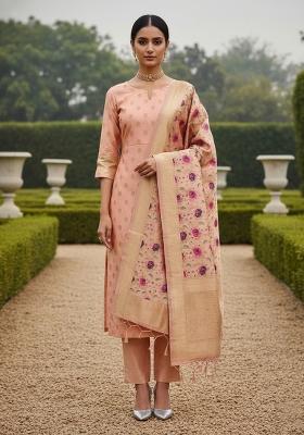 Peach Zari Work Banarasi Silk Dress Material