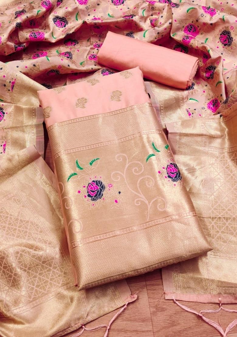 Peach Zari Work Banarasi Silk Dress Material