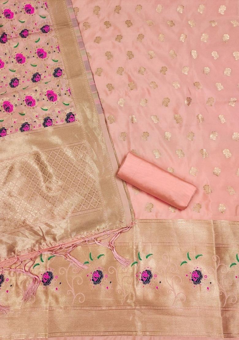 Peach Zari Work Banarasi Silk Dress Material