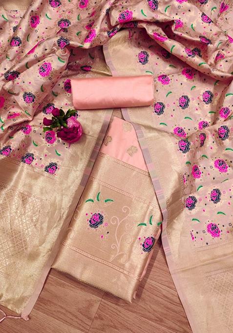 Peach Zari Work Banarasi Silk Dress Material