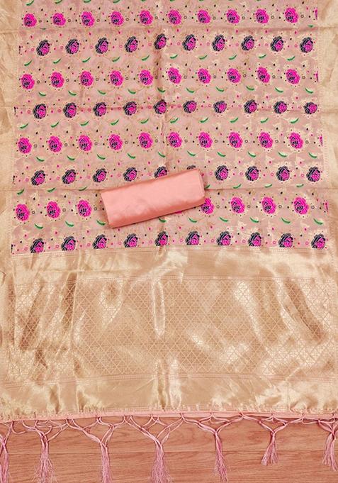 Peach Zari Work Banarasi Silk Dress Material