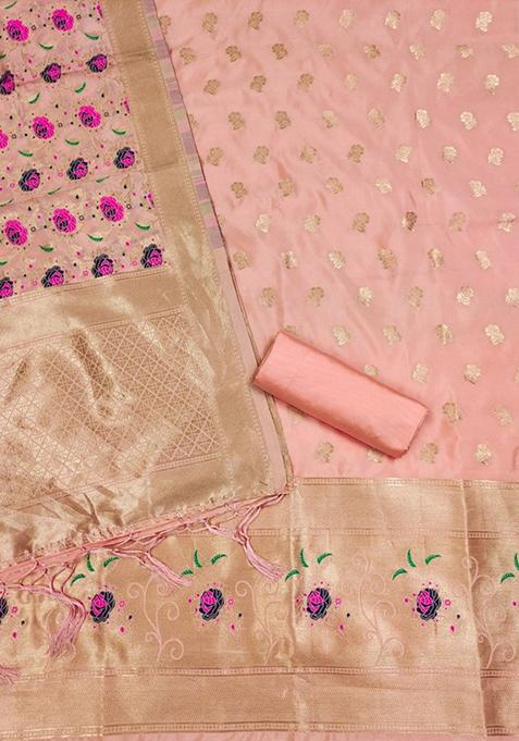 Peach Zari Work Banarasi Silk Dress Material