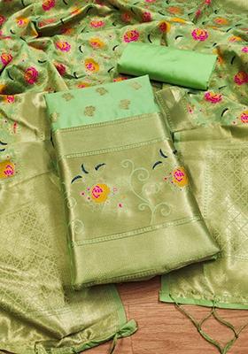 Pista Green Zari Work Banarasi Silk Dress Material