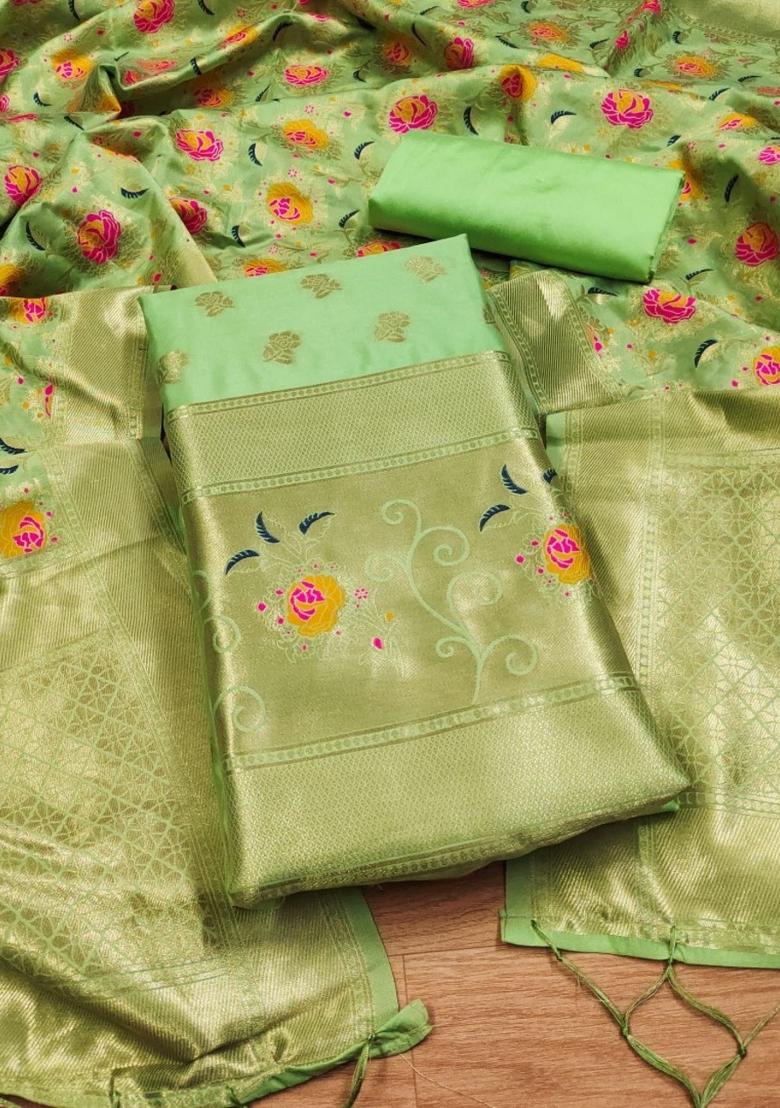 Pista Green Zari Work Banarasi Silk Dress Material