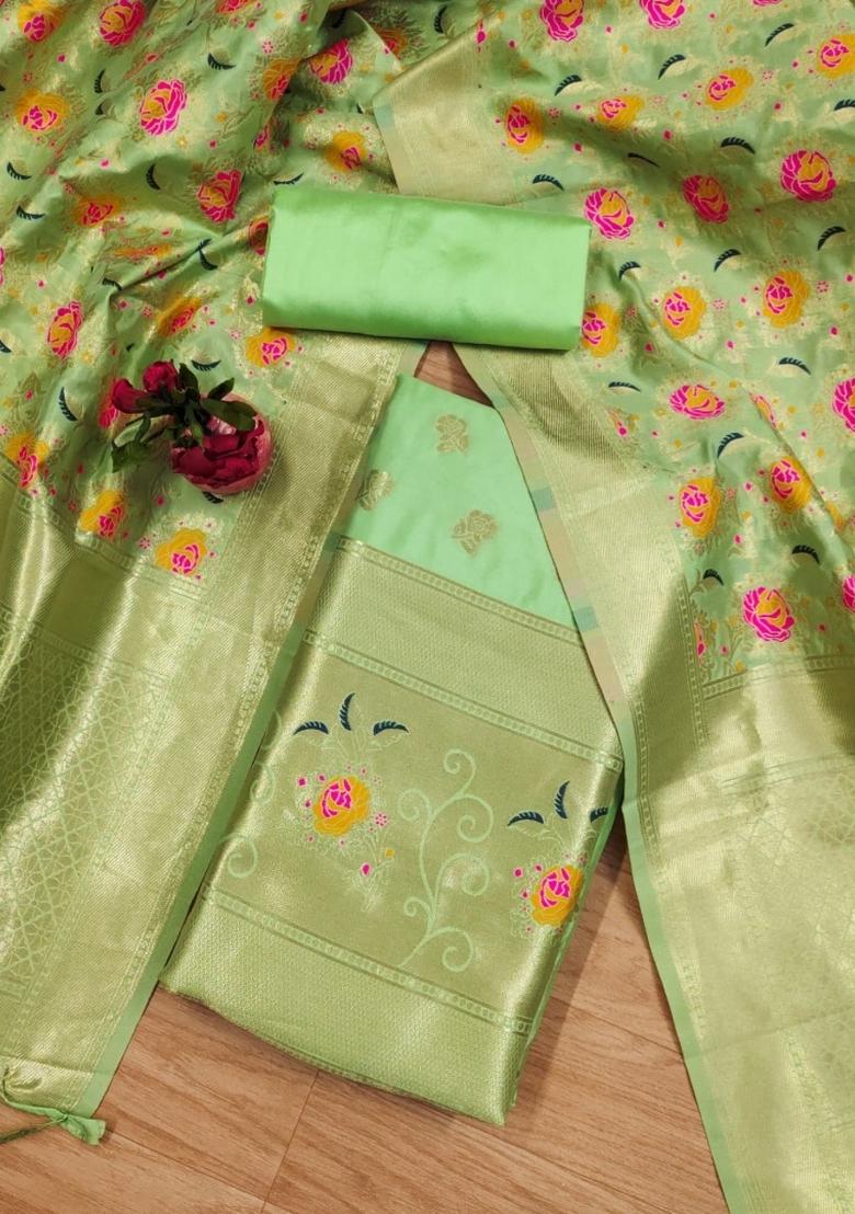 Pista Green Zari Work Banarasi Silk Dress Material
