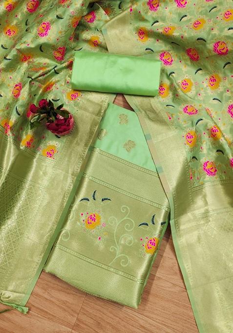 Pista Green Zari Work Banarasi Silk Dress Material
