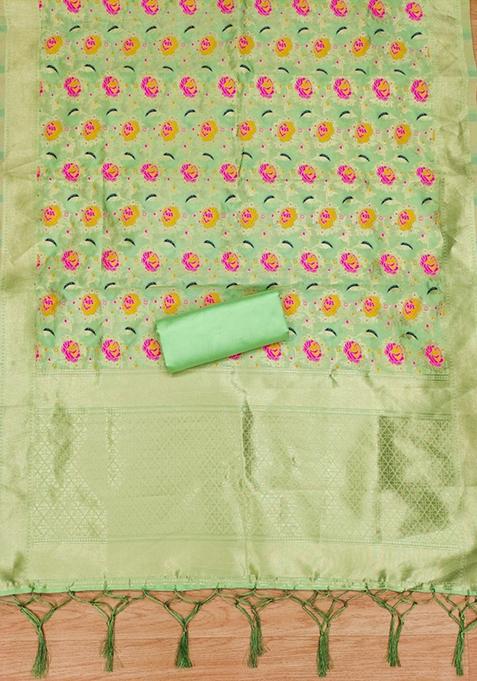 Pista Green Zari Work Banarasi Silk Dress Material