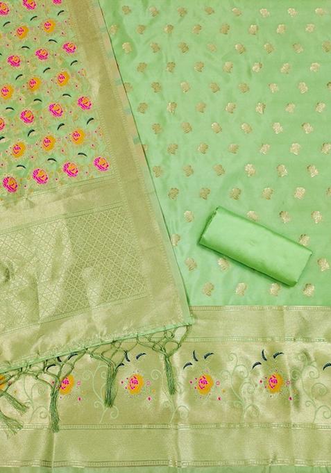 Pista Green Zari Work Banarasi Silk Dress Material
