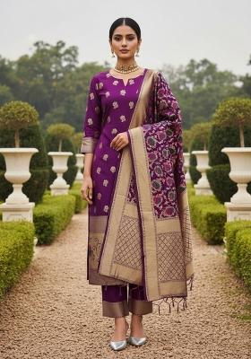 Purple Zari Work Banarasi Silk Dress Material
