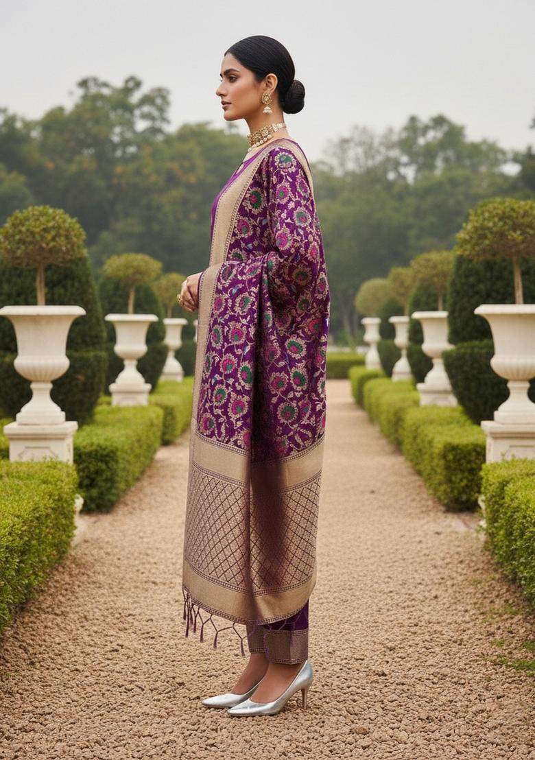 Purple Zari Work Banarasi Silk Dress Material - Indya