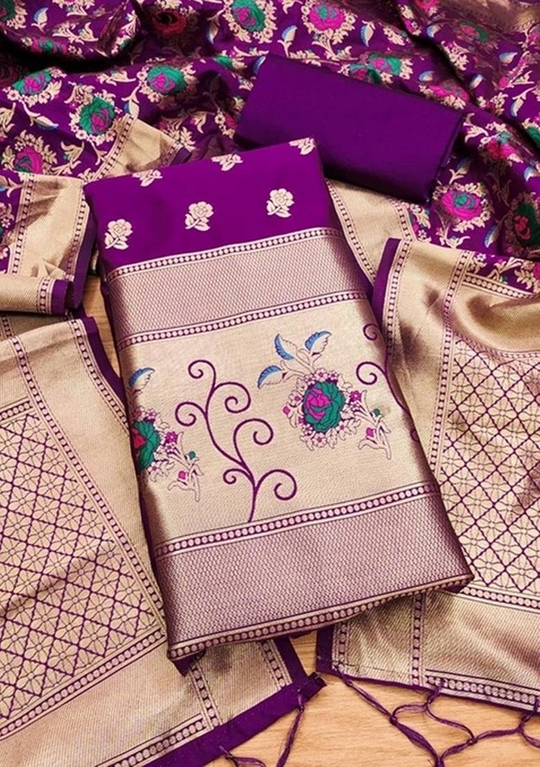 Purple Zari Work Banarasi Silk Dress Material - Indya