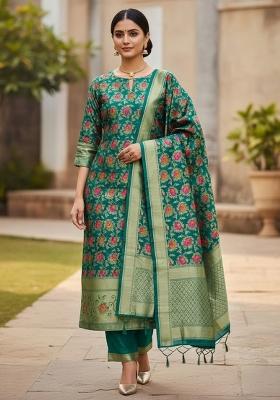 Rama Green Zari Work Banarasi Silk Dress Material