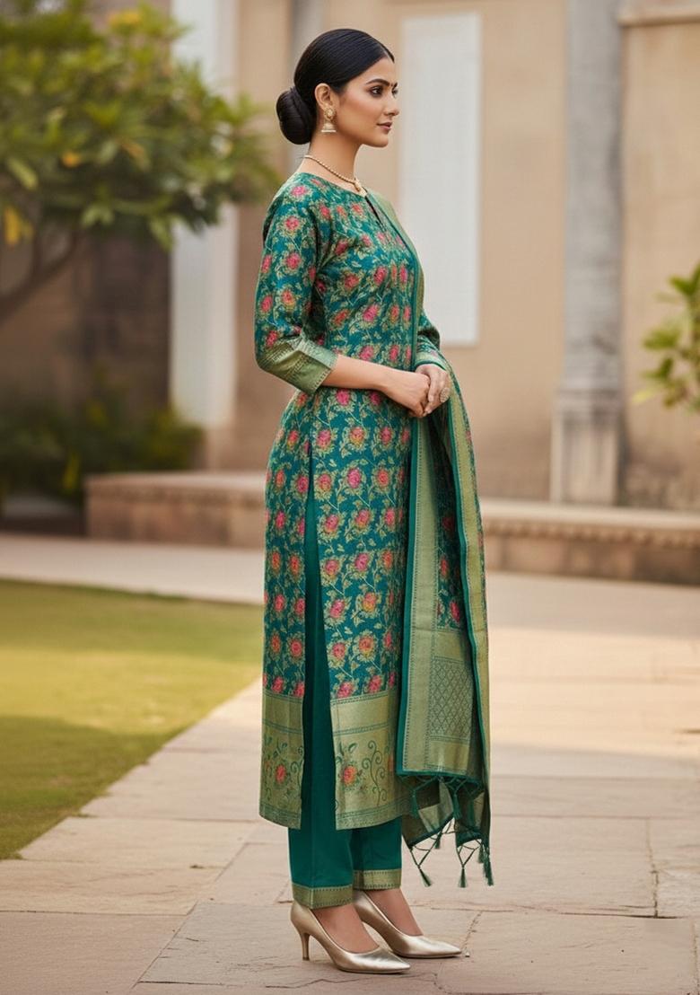 Rama Green Zari Work Banarasi Silk Dress Material - Indya