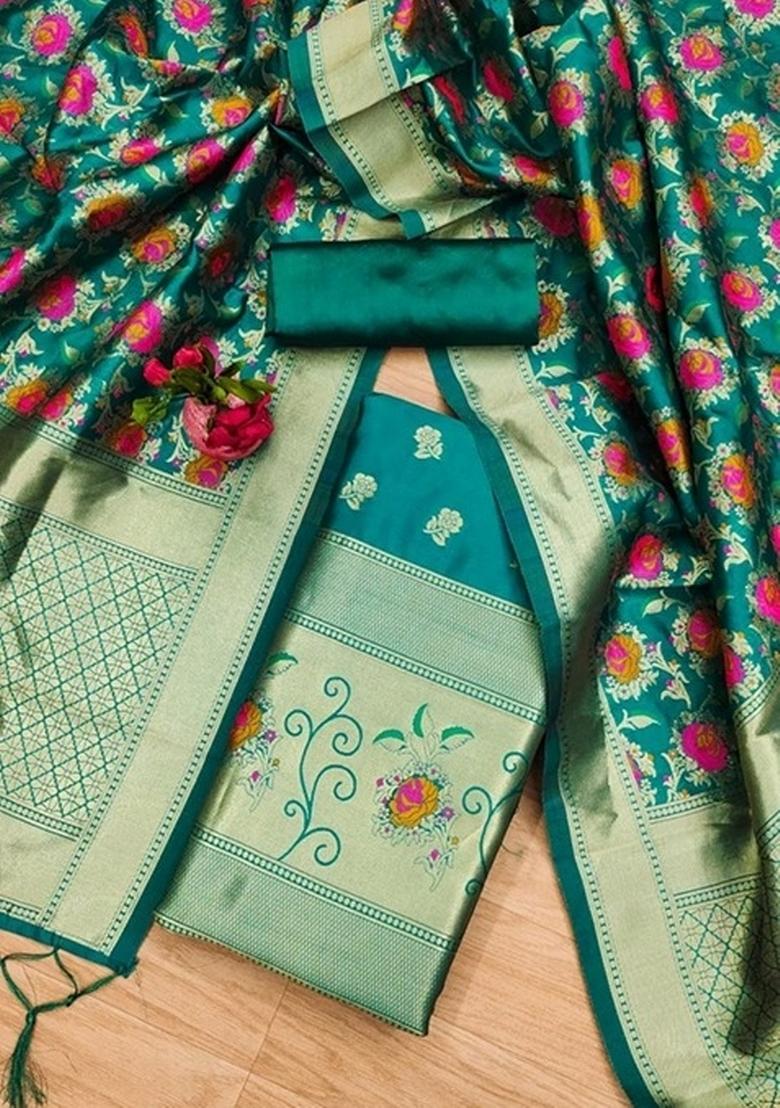 Rama Green Zari Work Banarasi Silk Dress Material - Indya