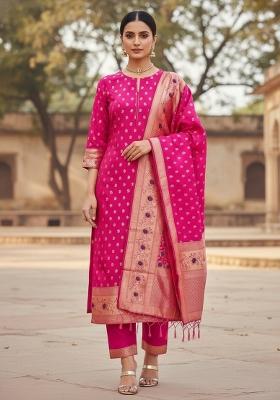 Rani Pink Zari Work Banarasi Silk Dress Material