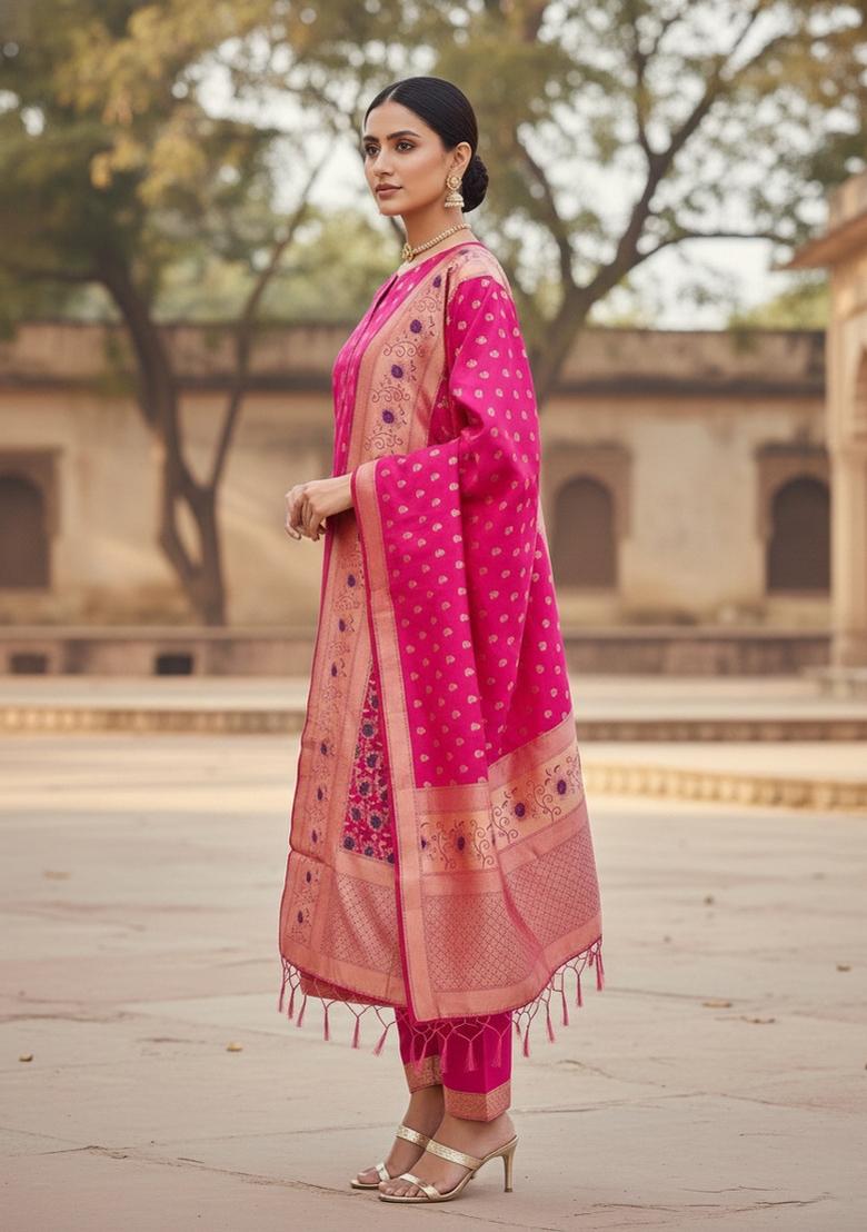 Rani Pink Zari Work Banarasi Silk Dress Material - Indya