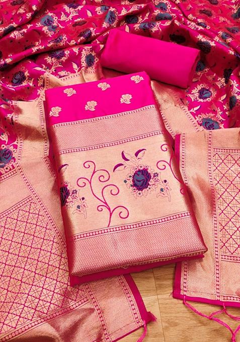 Rani Pink Zari Work Banarasi Silk Dress Material