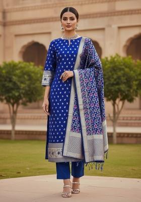 Royal Blue Zari Work Banarasi Silk Dress Material