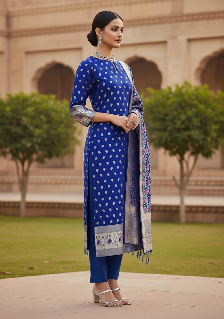 Royal Blue Zari Work Banarasi Silk Dress Material - Indya