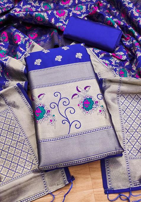 Royal Blue Zari Work Banarasi Silk Dress Material