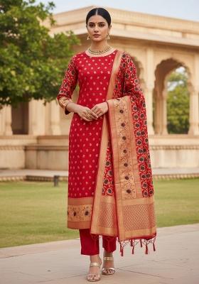 Red Zari Work Banarasi Silk Dress Material