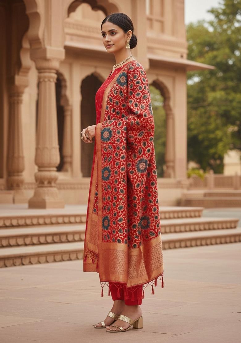 Red Zari Work Banarasi Silk Dress Material - Indya