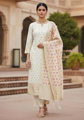 White Zari Work Banarasi Silk Dress Material