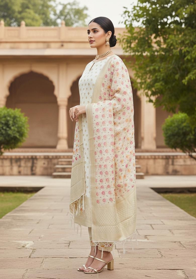White Zari Work Banarasi Silk Dress Material - Indya