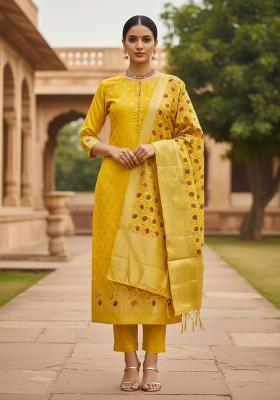 Yellow Zari Work Banarasi Silk Dress Material
