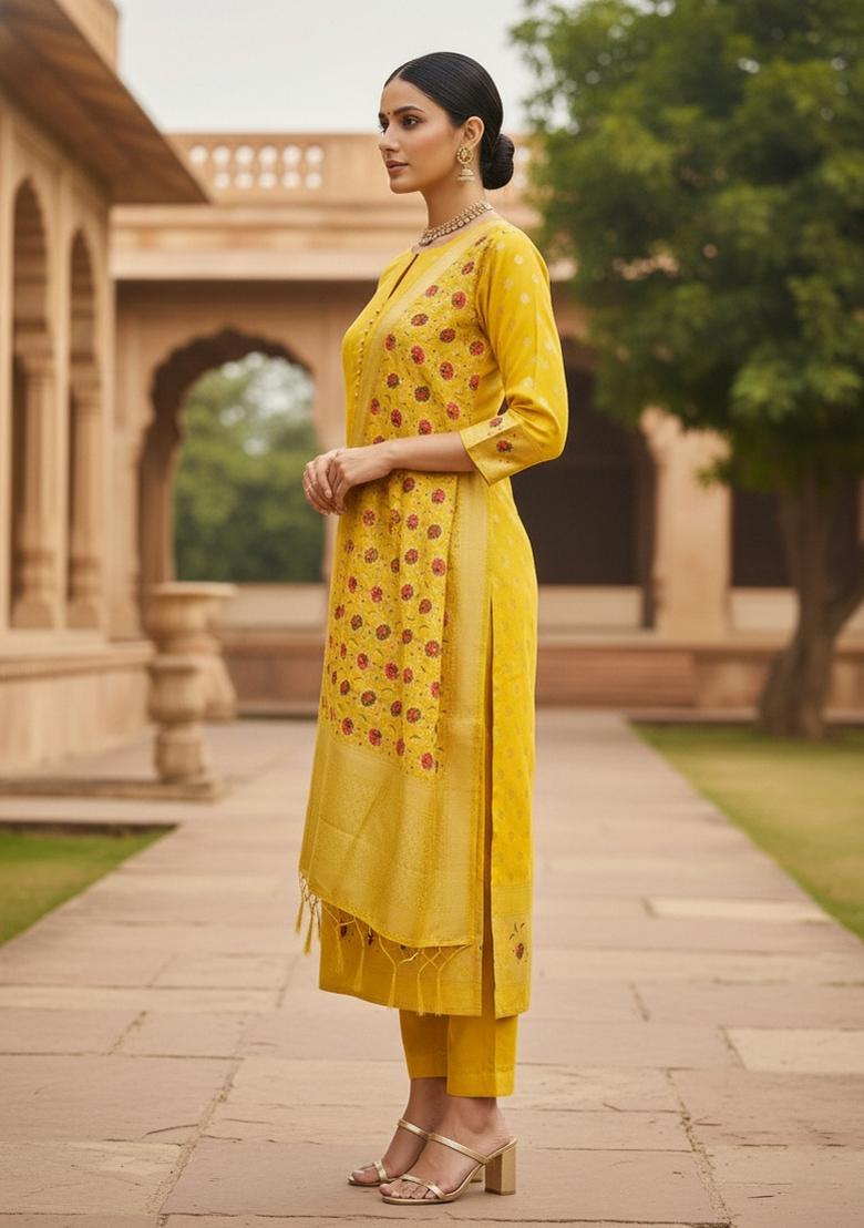 Yellow Zari Work Banarasi Silk Dress Material - Indya