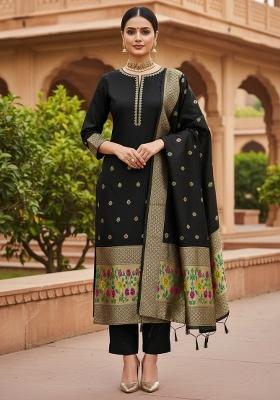 Black Zari Work Banarasi Silk Dress Material