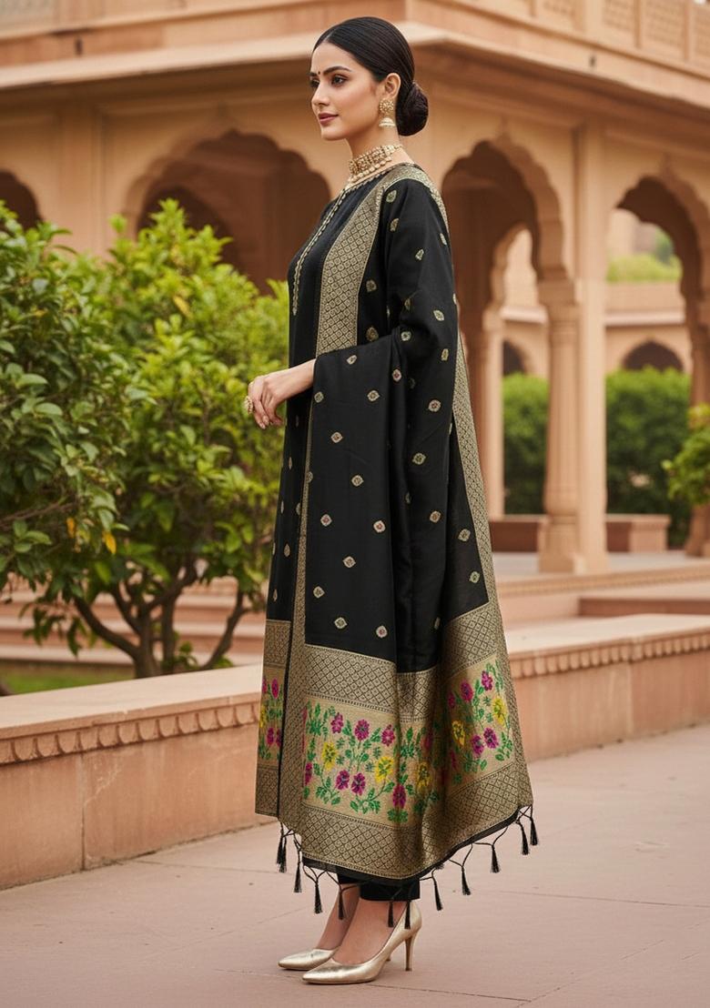 Black Zari Work Banarasi Silk Dress Material - Indya