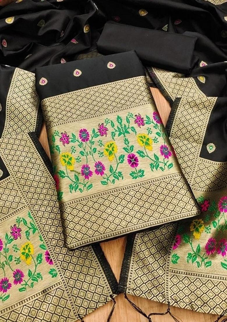 Black Zari Work Banarasi Silk Dress Material - Indya