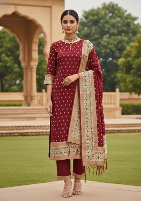 Maroon Zari Work Banarasi Silk Dress Material