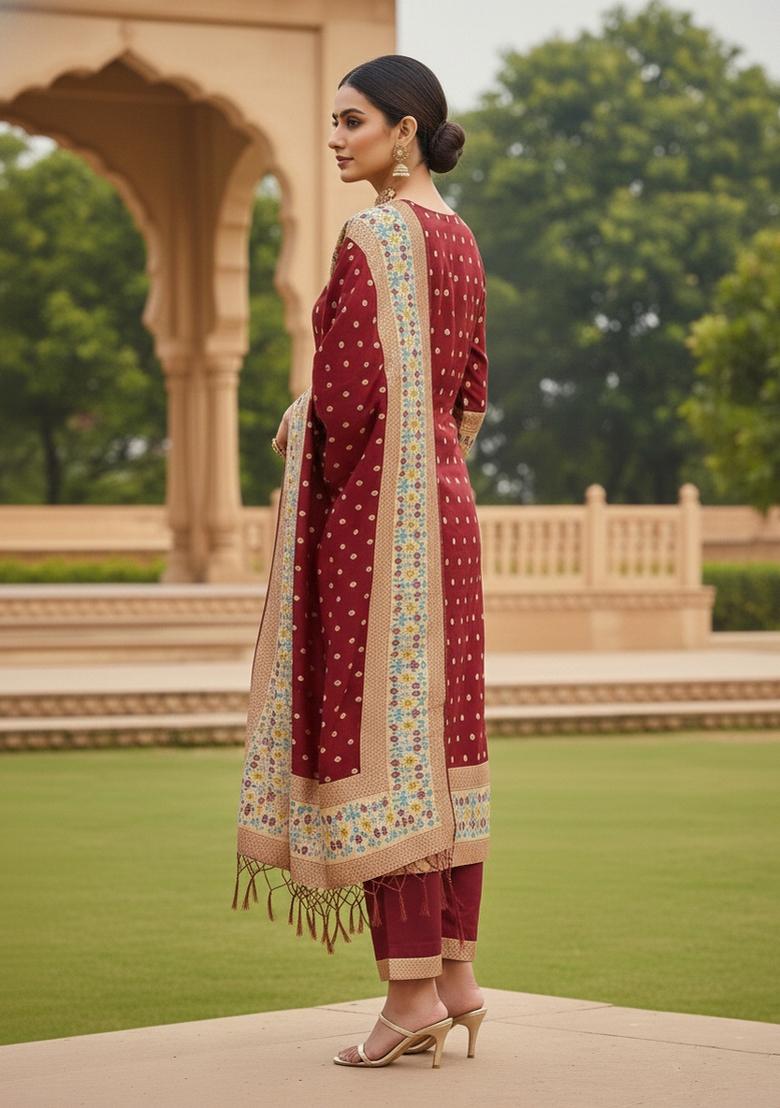 Maroon Zari Work Banarasi Silk Dress Material - Indya