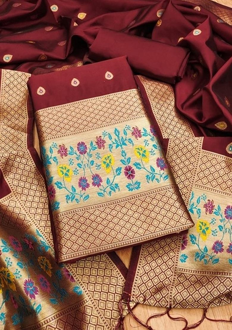 Maroon Zari Work Banarasi Silk Dress Material - Indya