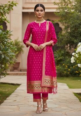 Pink Zari Work Banarasi Silk Dress Material
