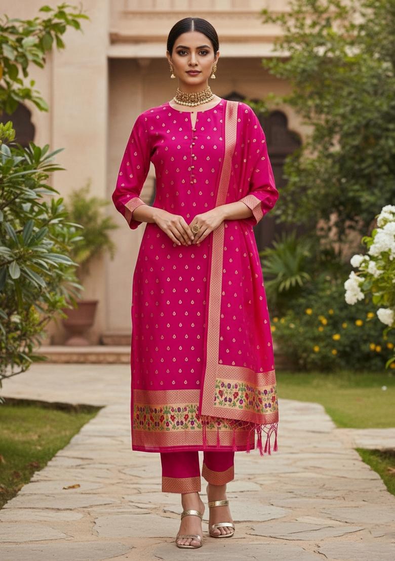 Pink Zari Work Banarasi Silk Dress Material
