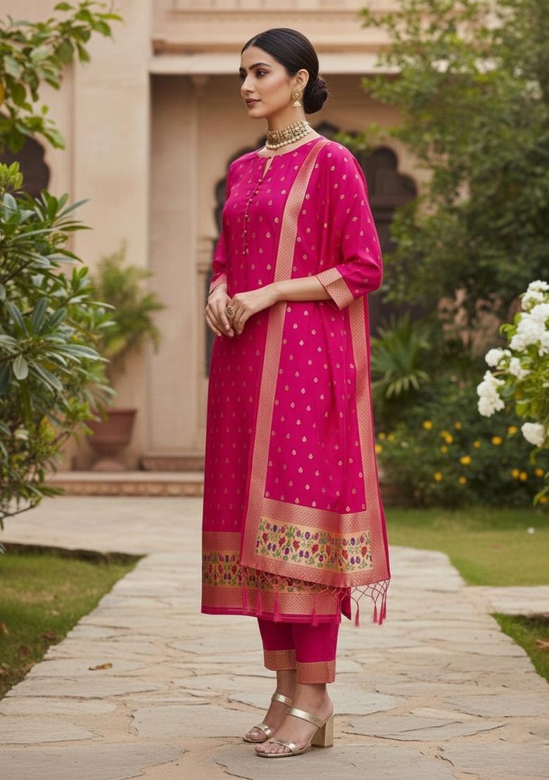 Pink Zari Work Banarasi Silk Dress Material - Indya
