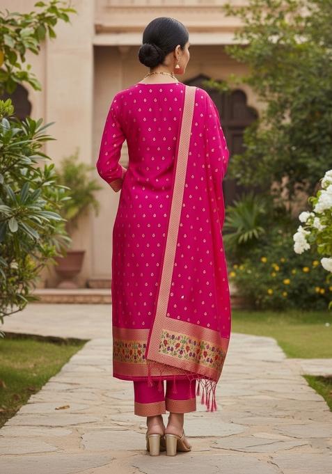 Pink Zari Work Banarasi Silk Dress Material
