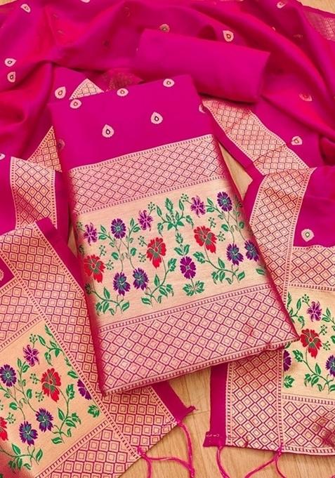 Pink Zari Work Banarasi Silk Dress Material