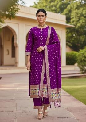 Purple Zari Work Banarasi Silk Dress Material